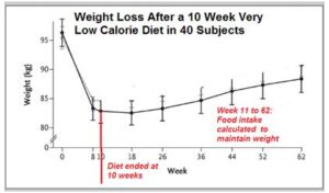 Az ábrán egy 10 hetes diéta testttömegre gyakorolt hatása látható. Jól megfigyelhető, hogy a diéta befejeztével még egy átlagos étrend mellett is jelentős mértékben gyarapodott a Páciens testtömege.